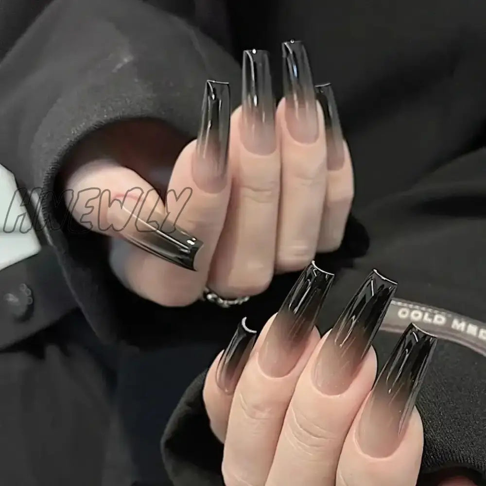 Hnewly Black Y2K Press On Nails Long Coffin Pink Fake With Diamond Designs Gradient Color Wearable