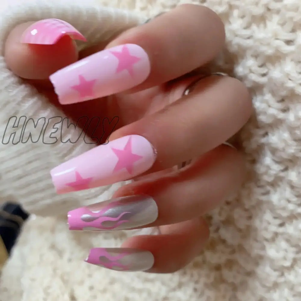 Hnewly Black Y2K Press On Nails Long Coffin Pink Fake With Diamond Designs Gradient Color Wearable