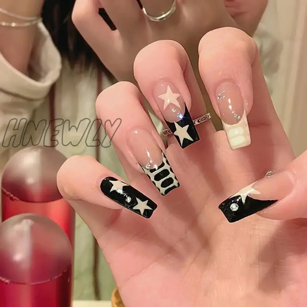 Hnewly Black Y2K Press On Nails Long Coffin Pink Fake With Diamond Designs Gradient Color Wearable