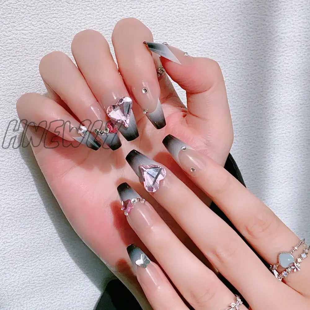 Hnewly Black Y2K Press On Nails Long Coffin Pink Fake With Diamond Designs Gradient Color Wearable
