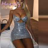 Hnewly Bling Glitter Sequin Women Strap Mini Dress V Neck Hollow Out Bodycon Sexy Streetwear Autumn