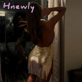 Hnewly Bling Glitter Women Halter Mini Dress Side Slit Backless Bodycon Sexy Streetwear Party Club