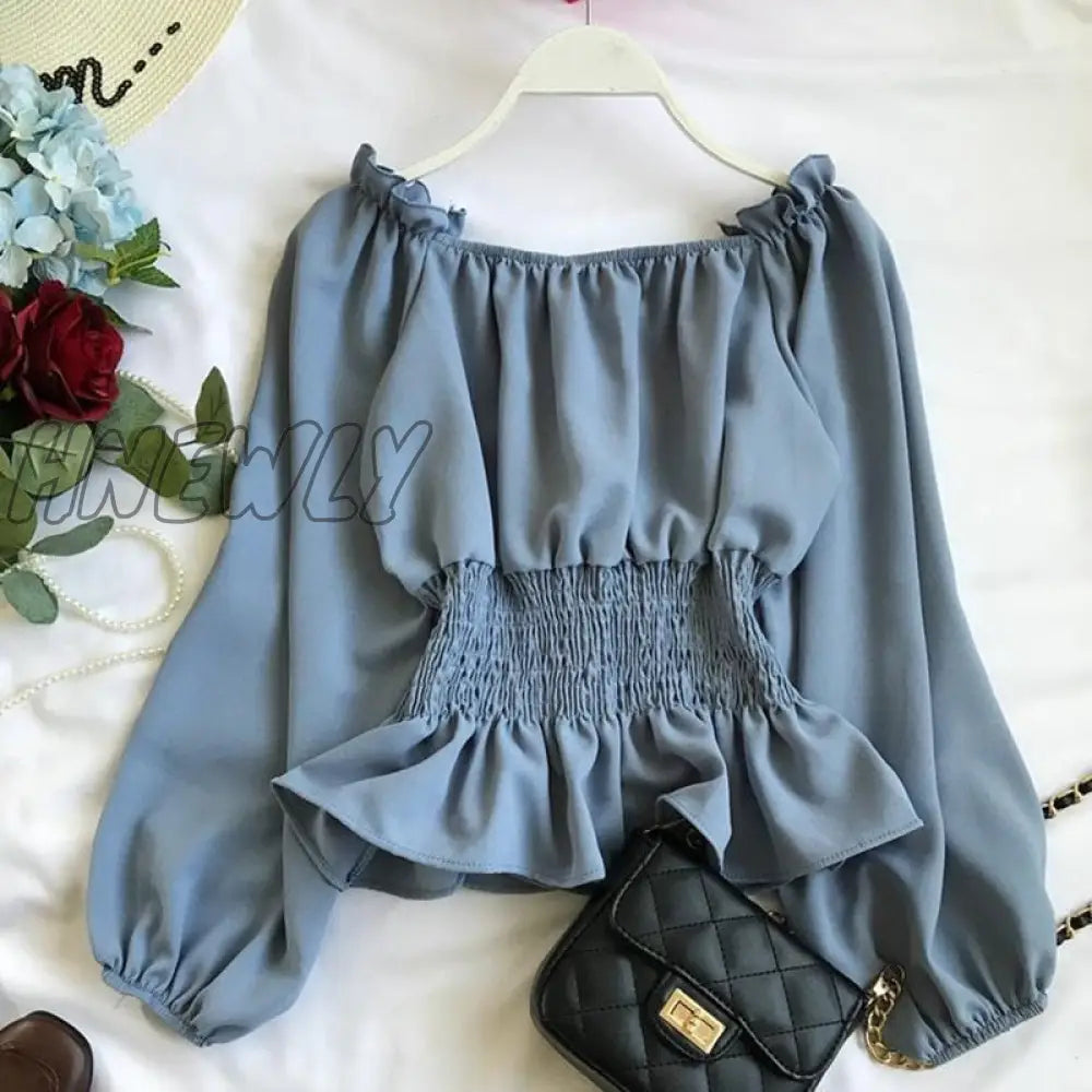 Hnewly Blouses Off Shoulder White Shirts Ruffle Summer Tops Women Chiffon Blouse Tunics Puff Sleeve
