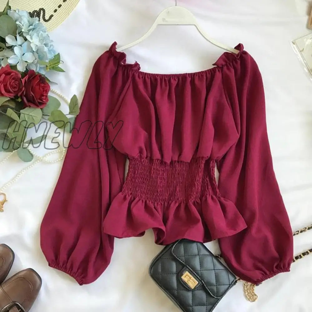Hnewly Blouses Off Shoulder White Shirts Ruffle Summer Tops Women Chiffon Blouse Tunics Puff Sleeve