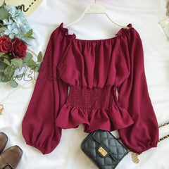 Hnewly Blouses Off Shoulder White Shirts Ruffle Summer Tops Women Chiffon Blouse Tunics Puff Sleeve