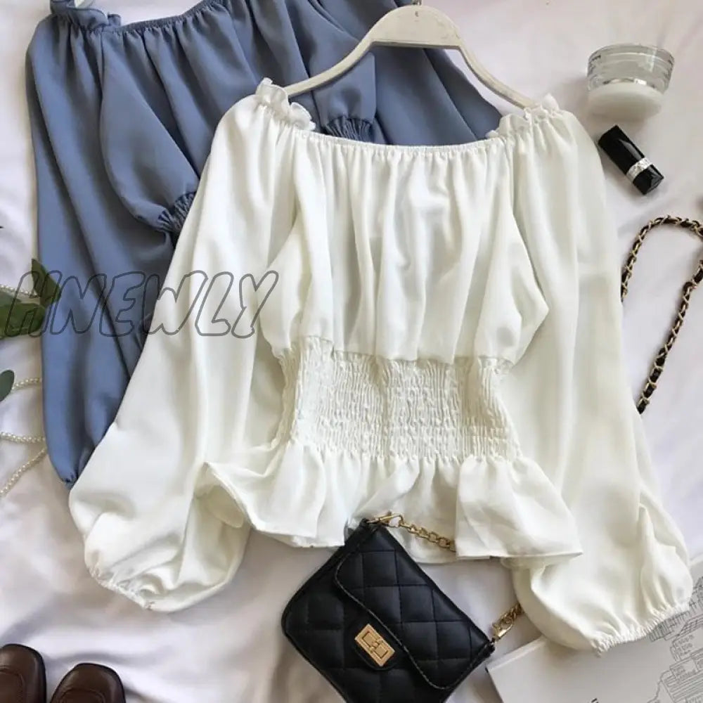 Hnewly Blouses Off Shoulder White Shirts Ruffle Summer Tops Women Chiffon Blouse Tunics Puff Sleeve