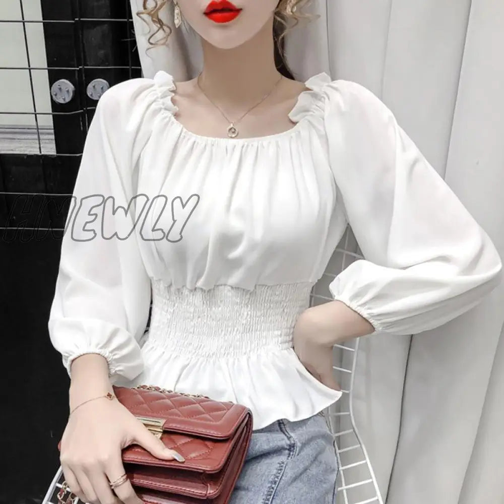 Hnewly Blouses Off Shoulder White Shirts Ruffle Summer Tops Women Chiffon Blouse Tunics Puff Sleeve