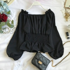 Hnewly Blouses Off Shoulder White Shirts Ruffle Summer Tops Women Chiffon Blouse Tunics Puff Sleeve