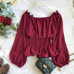 Hnewly Blouses Off Shoulder White Shirts Ruffle Summer Tops Women Chiffon Blouse Tunics Puff Sleeve