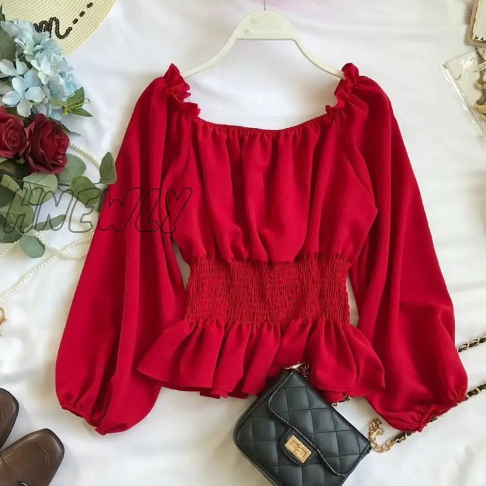 Hnewly Blouses Off Shoulder White Shirts Ruffle Summer Tops Women Chiffon Blouse Tunics Puff Sleeve