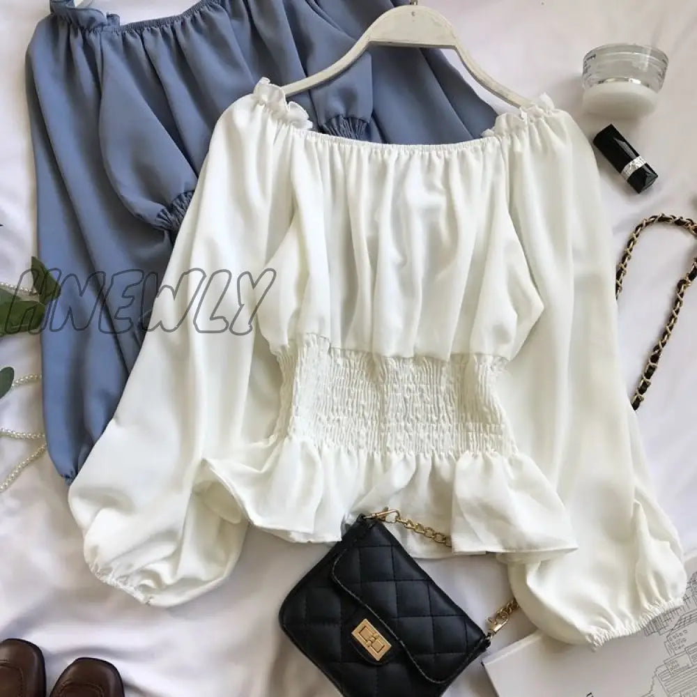 Hnewly Blouses Off Shoulder White Shirts Ruffle Summer Tops Women Chiffon Blouse Tunics Puff Sleeve