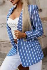 Hnewly - Blue British Style Striped Patchwork Turn-Back Collar Outerwear Coats Suits