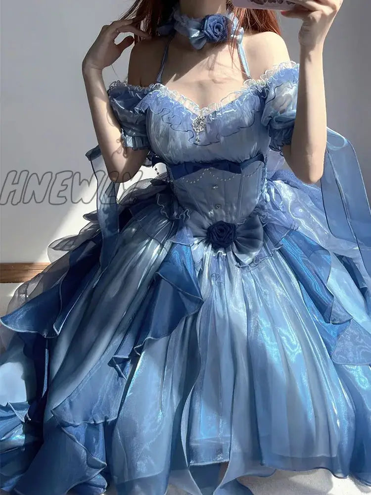Hnewly Blue Flower Wedding Dress College Lolita Heavy Industry Trailing Umbrella Princess Party