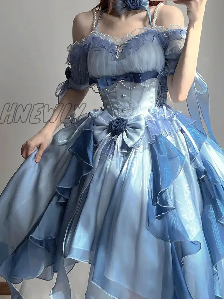 Hnewly Blue Flower Wedding Dress College Lolita Heavy Industry Trailing Umbrella Princess Party