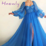 Hnewly Blue Prom Dresses Long Puffy Sleeve Tulle Backless Formal Evening Party Gowns Beauty Pageant Dresses Custom Made