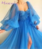 Hnewly Blue Prom Dresses Long Puffy Sleeve Tulle Backless Formal Evening Party Gowns Beauty Pageant