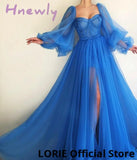 Hnewly Blue Prom Dresses Long Puffy Sleeve Tulle Backless Formal Evening Party Gowns Beauty Pageant