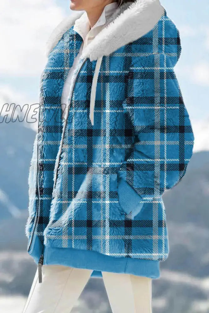 Hnewly - Blue Red Casual Print Patchwork Hooded Collar Outerwear (Subject To The Actual Object)