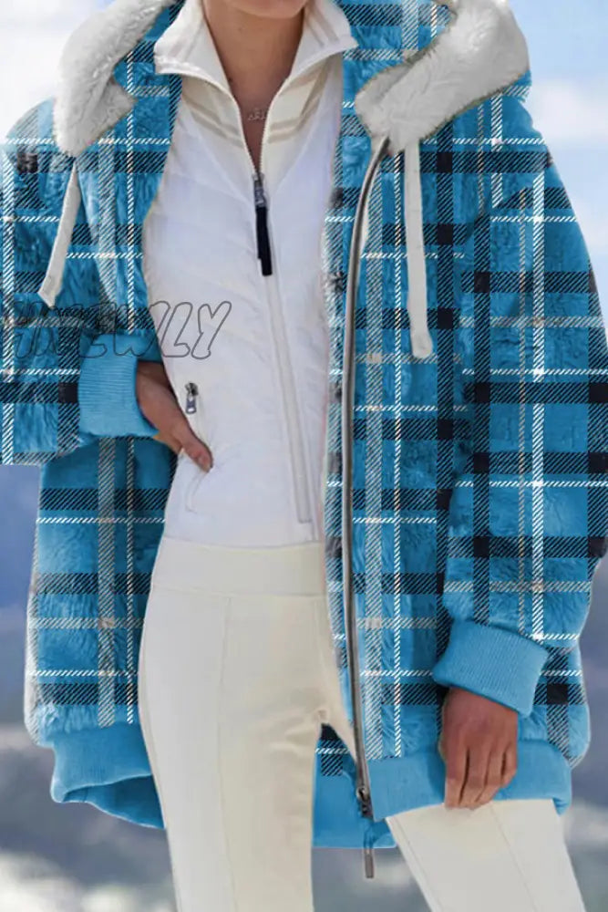 Hnewly - Blue Red Casual Print Patchwork Hooded Collar Outerwear (Subject To The Actual Object)