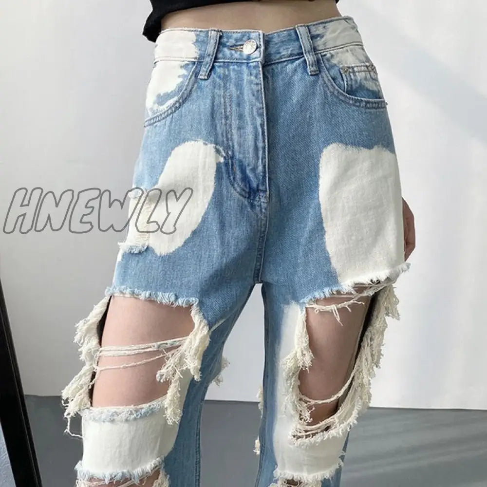 Hnewly Blue Ripped High Waist Jeans For Women Y2K Vintage Straight Denim Trousers Female Streetwear