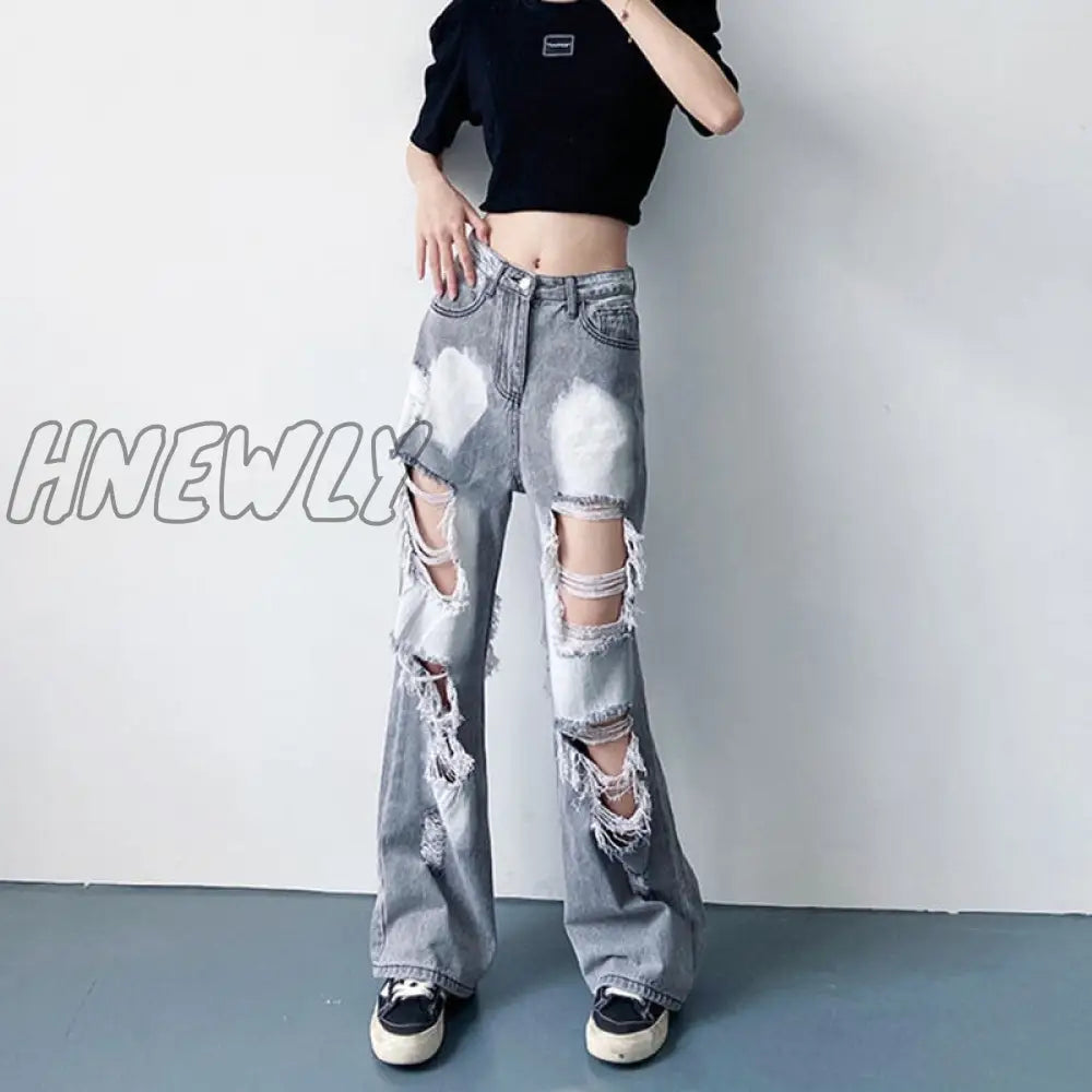 Hnewly Blue Ripped High Waist Jeans For Women Y2K Vintage Straight Denim Trousers Female Streetwear