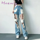 Hnewly Blue Ripped High Waist Jeans for Women Y2K Vintage Straight Denim Trousers Female Streetwear Hollow Out Hole Hip Hop Pants