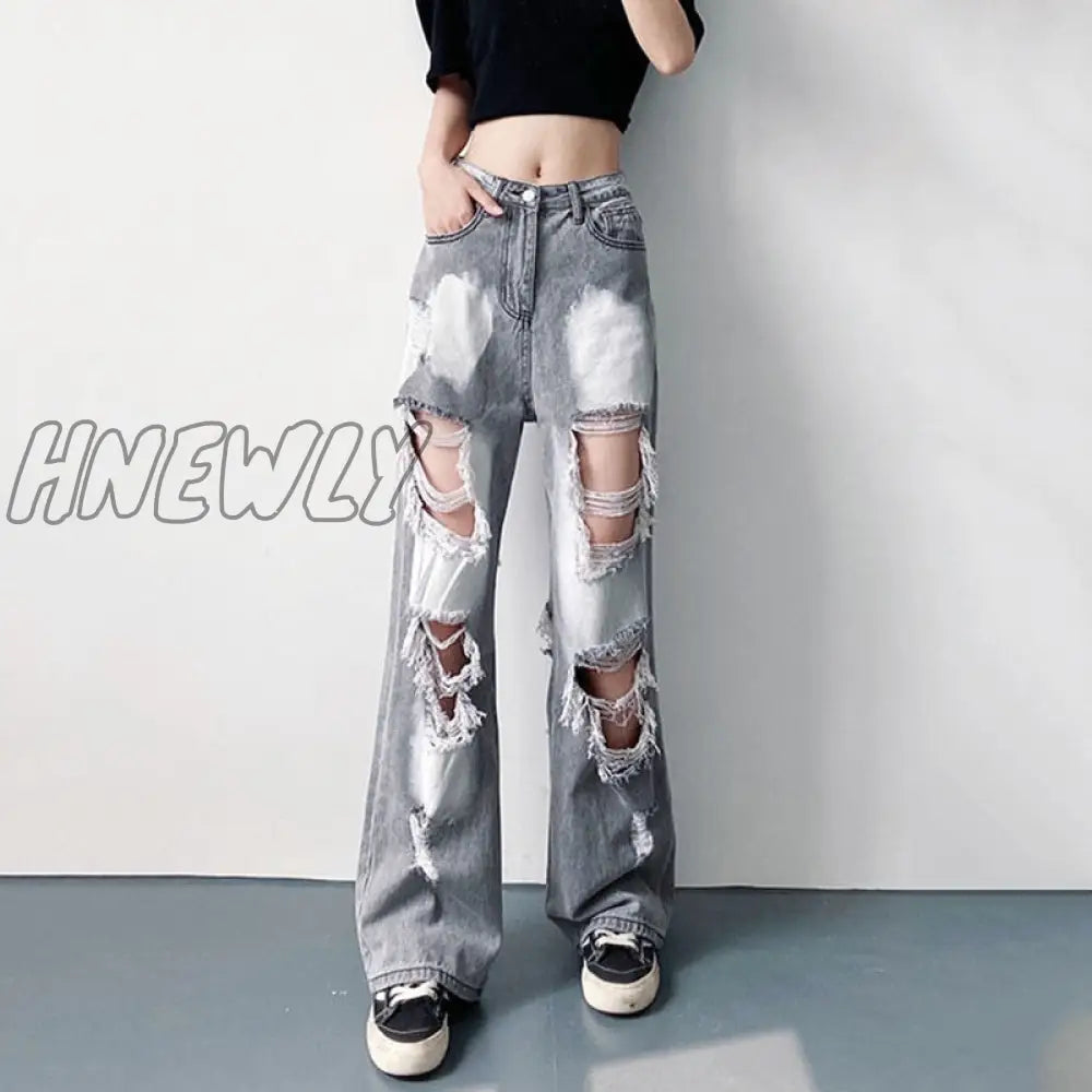 Hnewly Blue Ripped High Waist Jeans For Women Y2K Vintage Straight Denim Trousers Female Streetwear