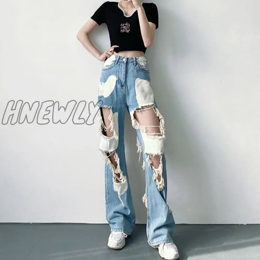 Hnewly Blue Ripped High Waist Jeans For Women Y2K Vintage Straight Denim Trousers Female Streetwear