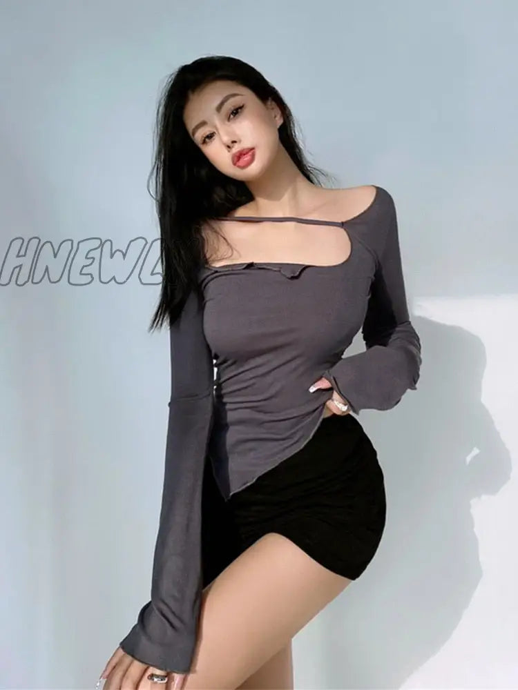 Hnewly Body Desire Style T Shirt Women Design Sexy Slim Irregular Thin Top Tees Hot Korean Tops
