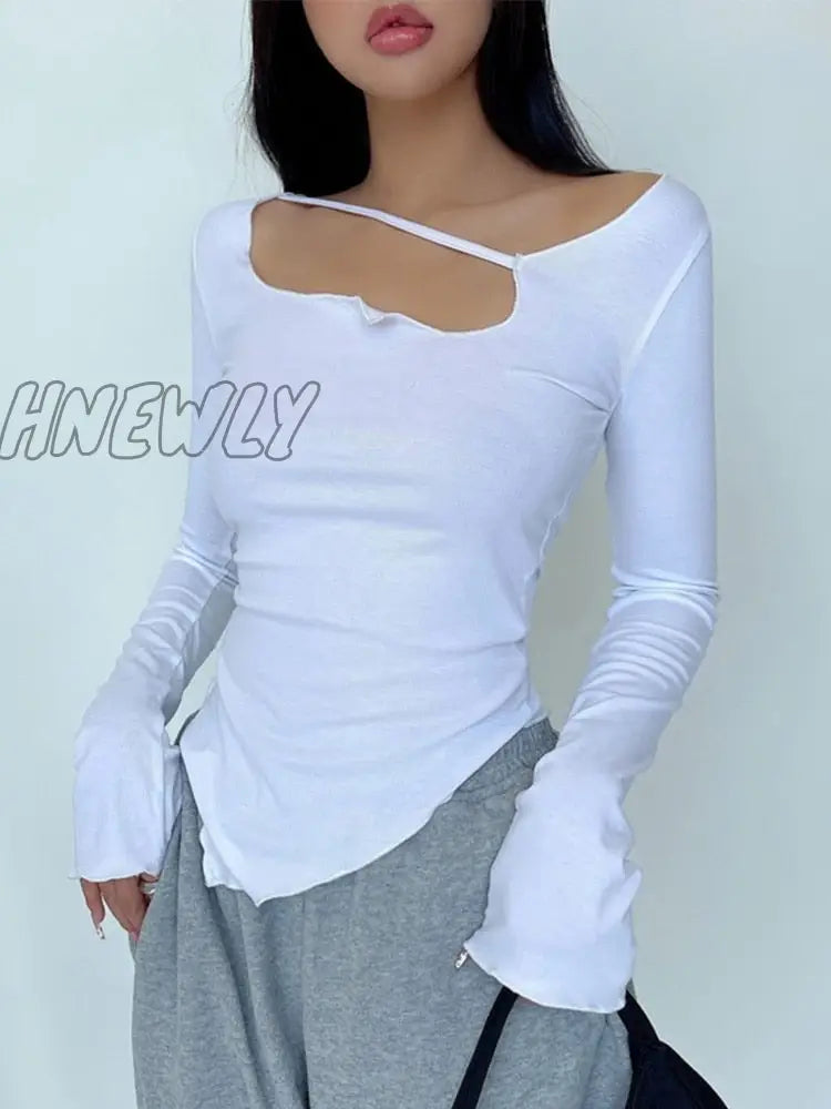 Hnewly Body Desire Style T Shirt Women Design Sexy Slim Irregular Thin Top Tees Hot Korean Tops
