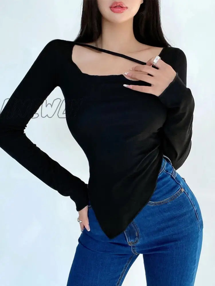 Hnewly Body Desire Style T Shirt Women Design Sexy Slim Irregular Thin Top Tees Hot Korean Tops