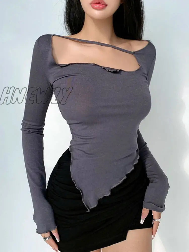 Hnewly Body Desire Style T Shirt Women Design Sexy Slim Irregular Thin Top Tees Hot Korean Tops