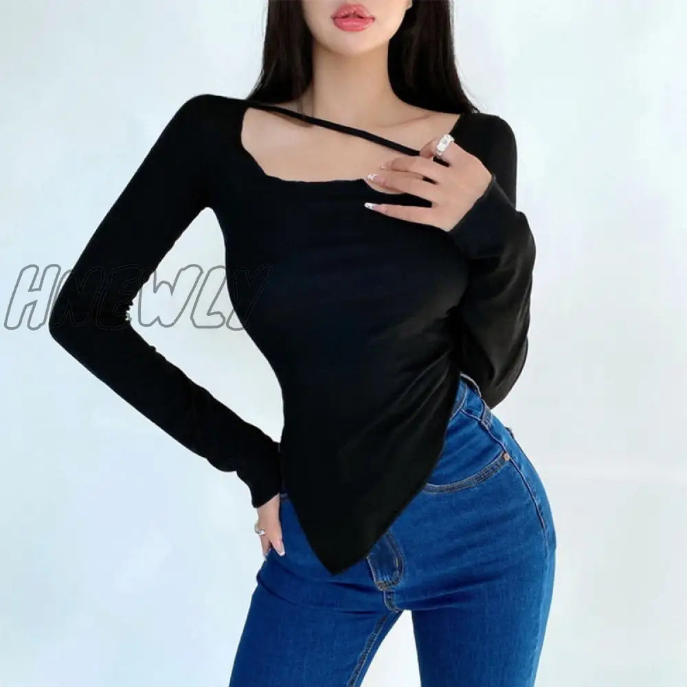 Hnewly Body Desire Style T Shirt Women Design Sexy Slim Irregular Thin Top Tees Hot Korean Tops