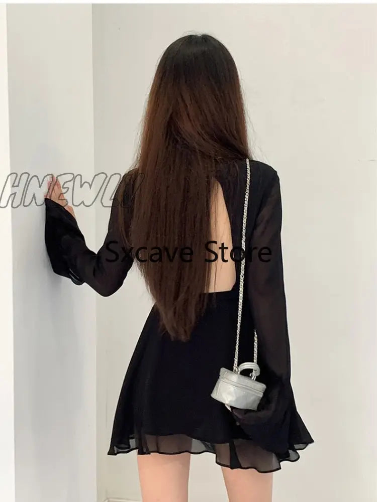 Hnewly Bodycon Black Y2K Mini Dress Women Elegant Slim Sexy Even Party Office Lady Backless Korean