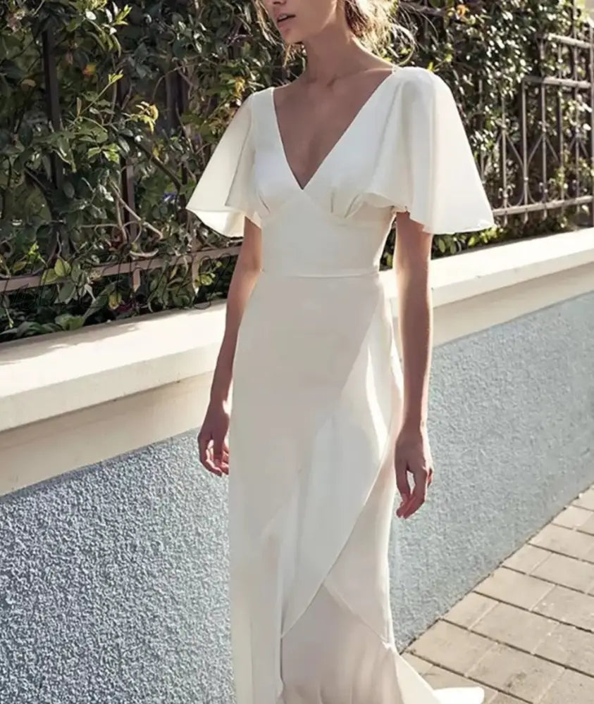 Hnewly Boho Wedding Prom Evening Dress Short Sleeves Soft Satin Mermaid Bridal Gowns Floor Length