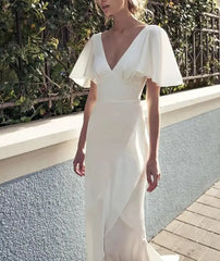 Hnewly Boho Wedding Prom Evening Dress Short Sleeves Soft Satin Mermaid Bridal Gowns Floor Length