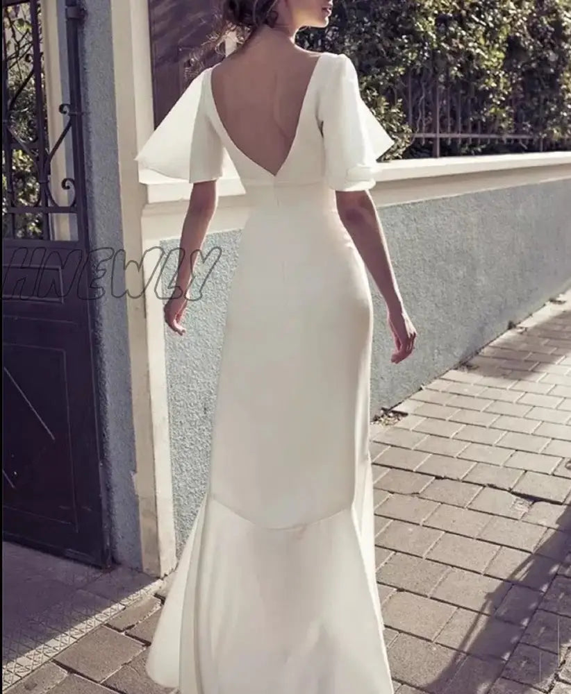 Hnewly Boho Wedding Prom Evening Dress Short Sleeves Soft Satin Mermaid Bridal Gowns Floor Length