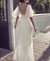 Hnewly Boho Wedding Prom Evening Dress Short Sleeves Soft Satin Mermaid Bridal Gowns Floor Length