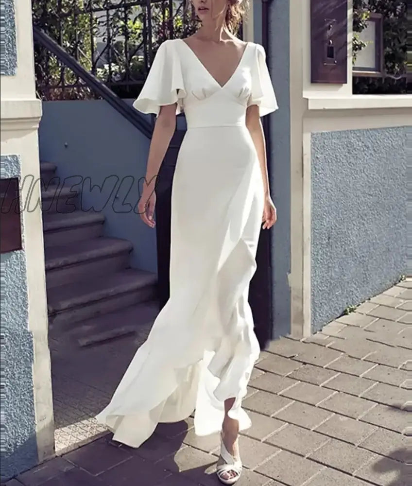 Hnewly Boho Wedding Prom Evening Dress Short Sleeves Soft Satin Mermaid Bridal Gowns Floor Length