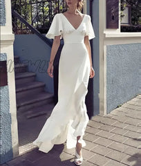 Hnewly Boho Wedding Prom Evening Dress Short Sleeves Soft Satin Mermaid Bridal Gowns Floor Length