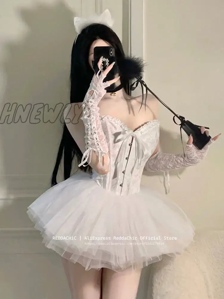 Hnewly Boned Corset Mini Skirt Women 2-Piece Set Off-Shoulder Lace Trim Textured Tube Top Elastic