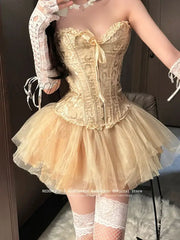 Hnewly Boned Corset Mini Skirt Women 2-Piece Set Off-Shoulder Lace Trim Textured Tube Top Elastic