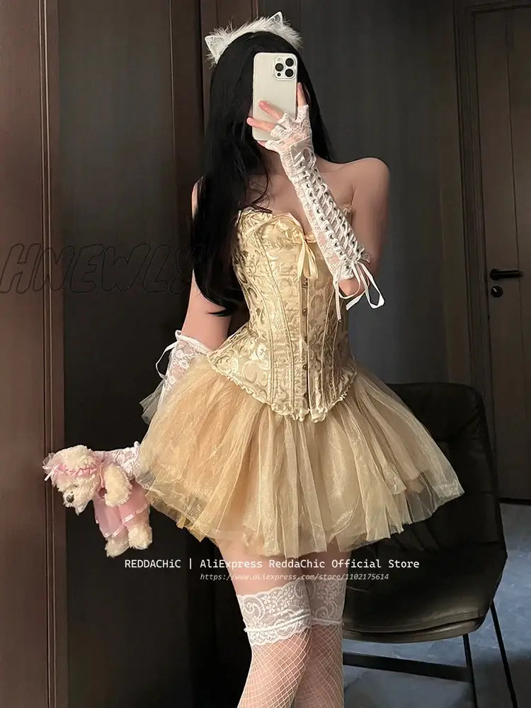 Hnewly Boned Corset Mini Skirt Women 2-Piece Set Off-Shoulder Lace Trim Textured Tube Top Elastic