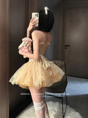 Hnewly Boned Corset Mini Skirt Women 2-Piece Set Off-Shoulder Lace Trim Textured Tube Top Elastic