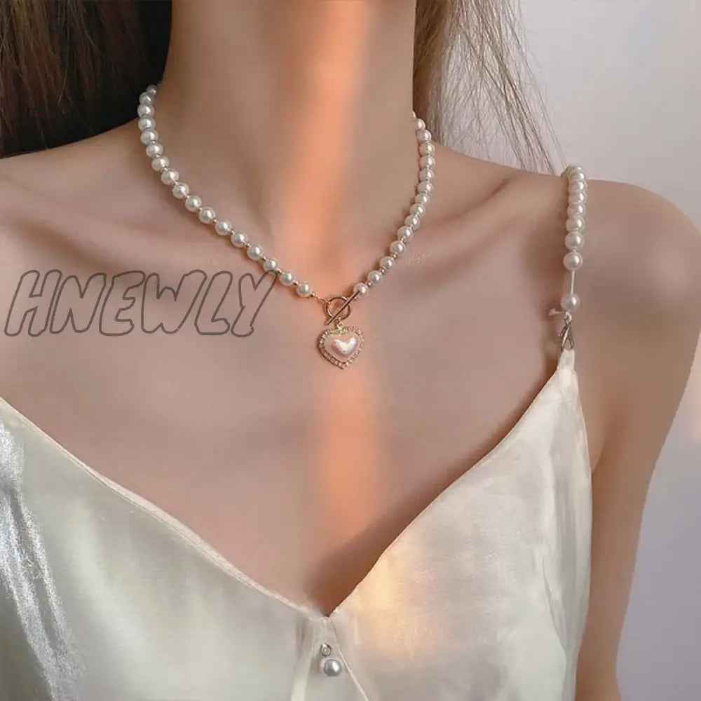 Hnewly Bow Love Cross Imitation Pearl Pendant Necklace For Women French Romantic Sweet Lolita