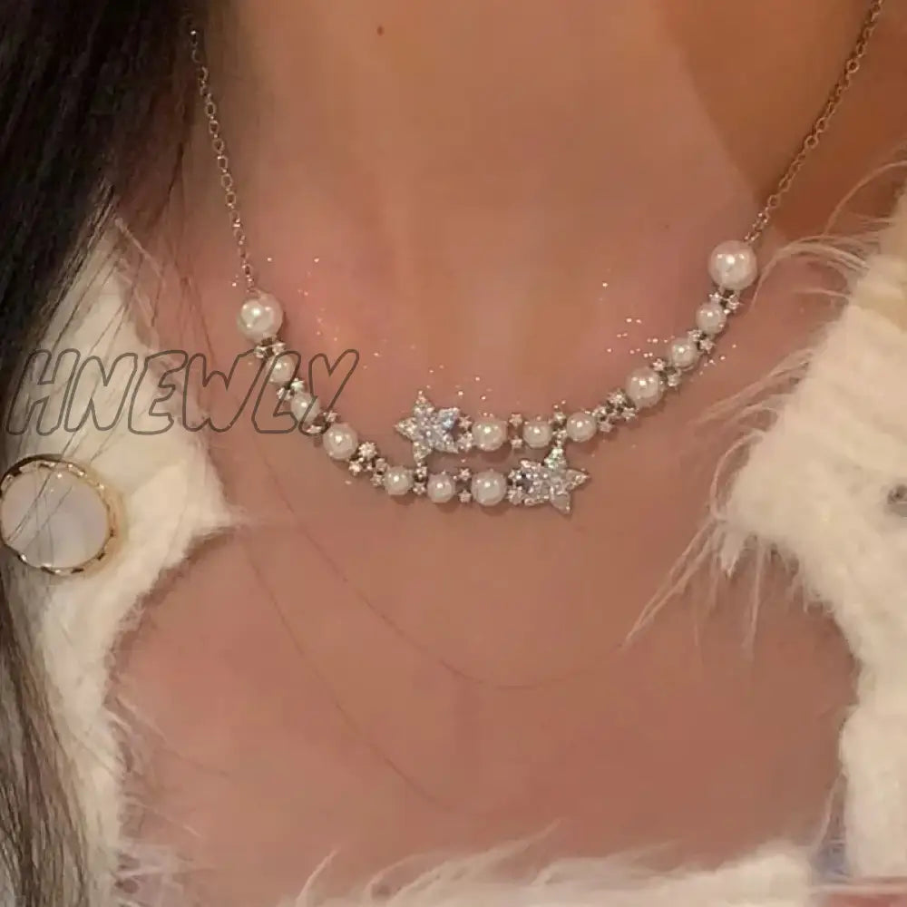 Hnewly Bow Love Cross Imitation Pearl Pendant Necklace For Women French Romantic Sweet Lolita