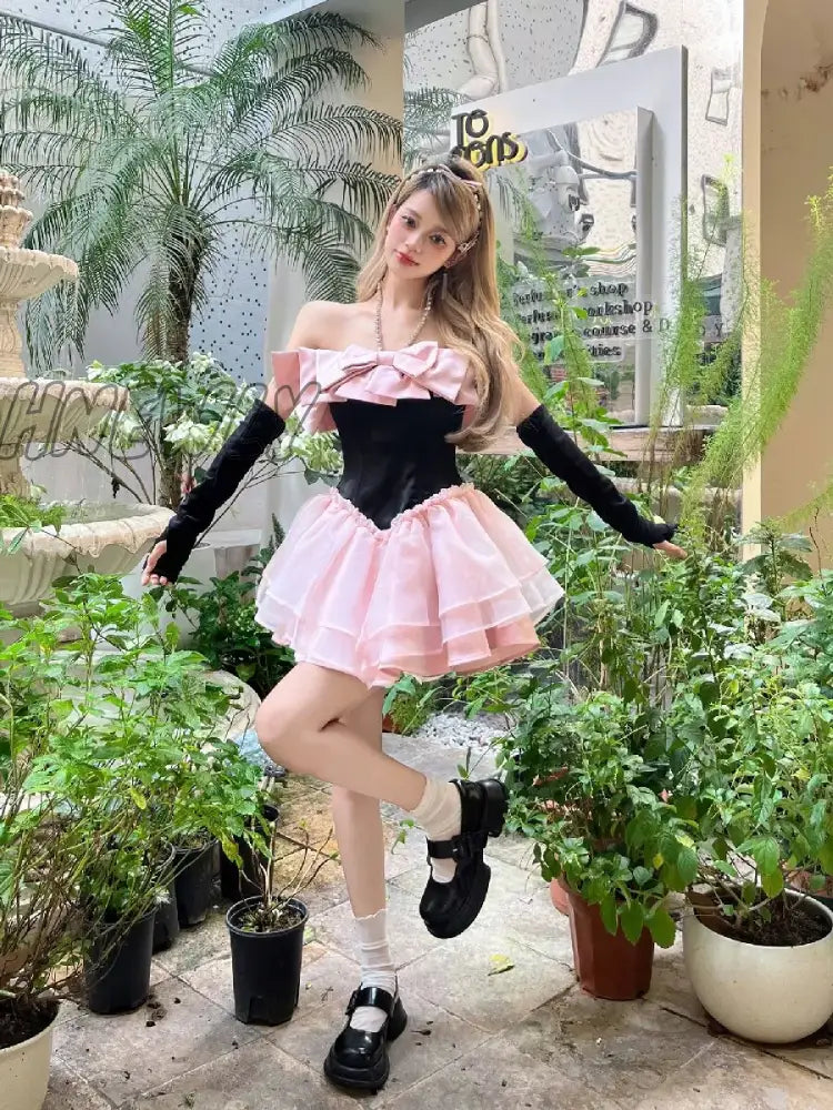 Reddachic Bow Rhinestone Halter Princess Dress Women Sleeveless Ruffle Puffy Mini Arm Sleeves