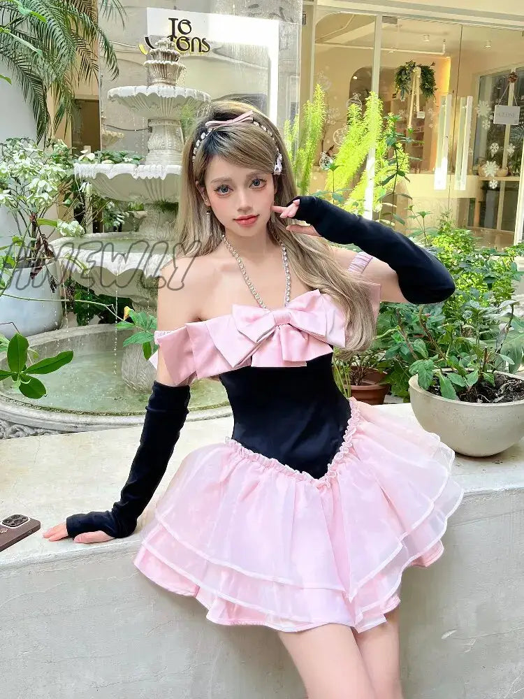 Reddachic Bow Rhinestone Halter Princess Dress Women Sleeveless Ruffle Puffy Mini Arm Sleeves