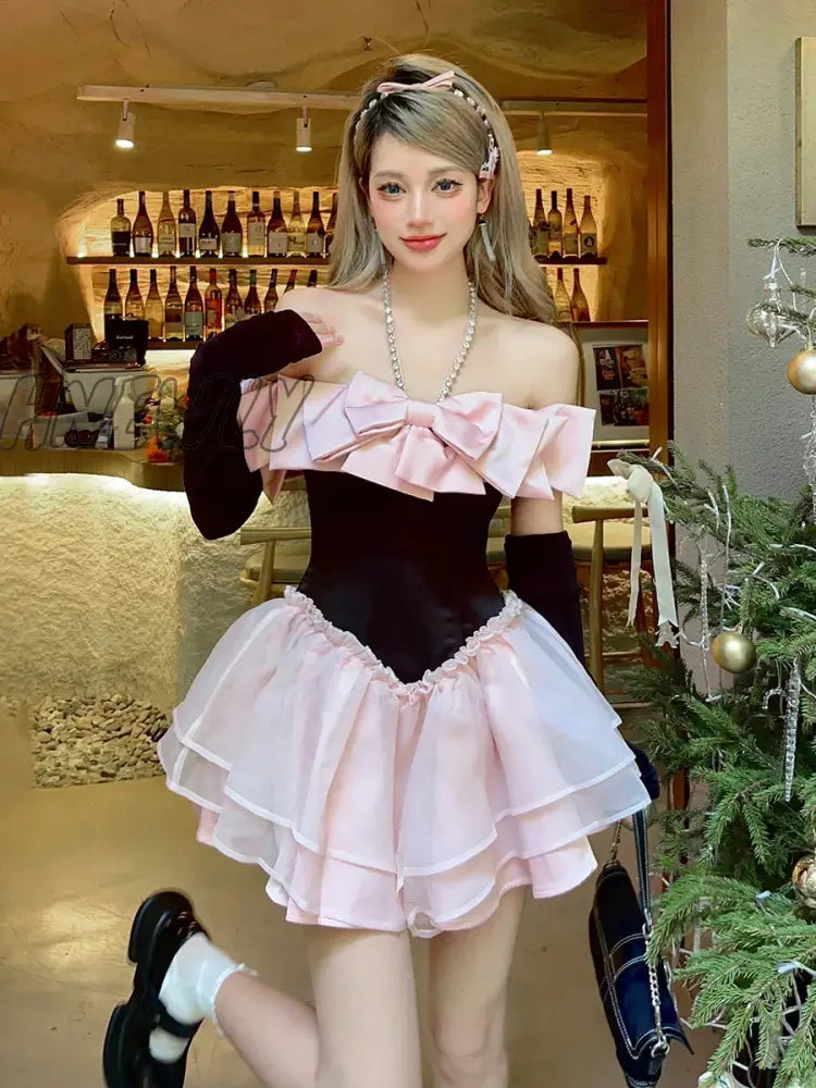 Reddachic Bow Rhinestone Halter Princess Dress Women Sleeveless Ruffle Puffy Mini Arm Sleeves