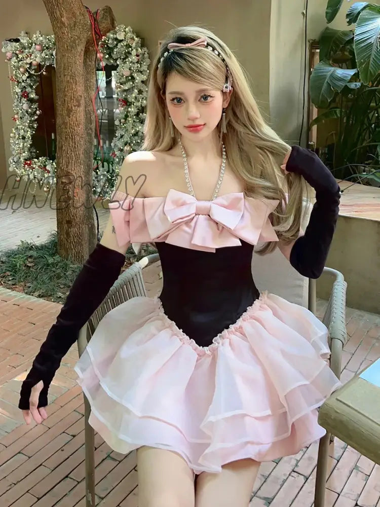 Reddachic Bow Rhinestone Halter Princess Dress Women Sleeveless Ruffle Puffy Mini Arm Sleeves